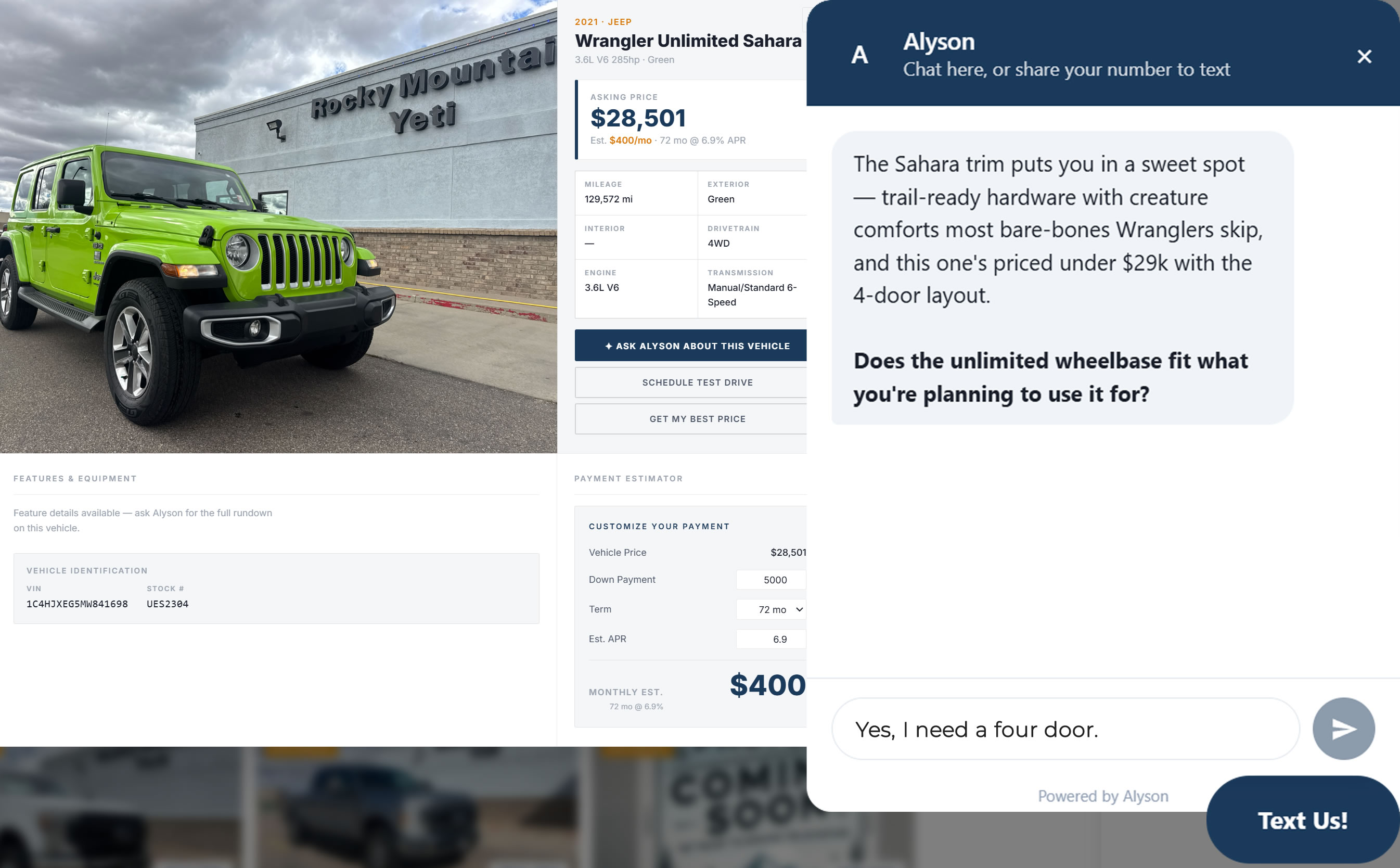 Alyson widget open on a vehicle detail page